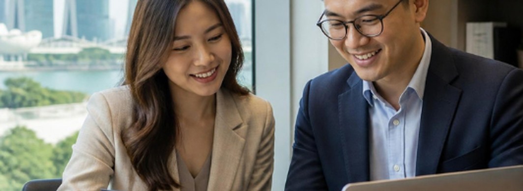 Two HR professionals reviewing a certification document in a Singapore office